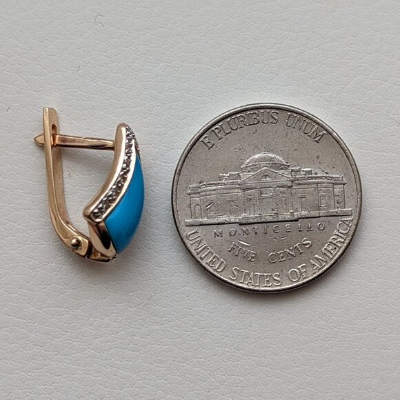 Russian Solid 14K 585 Rose Pink Gold Turquoise White Paste Stones EARRINGS - Picture 5 of 7